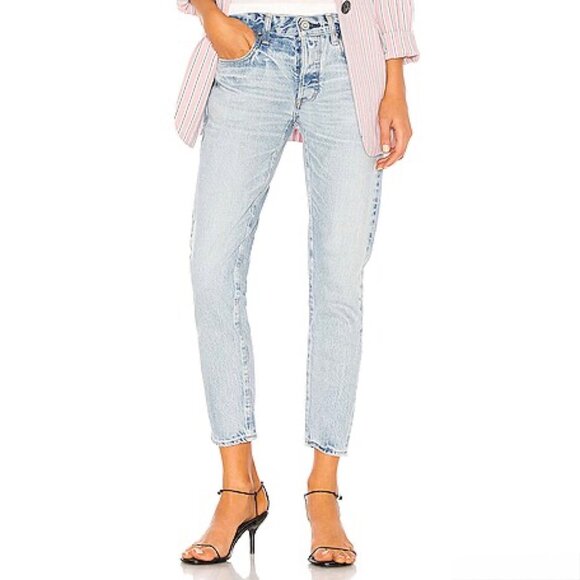 Moussy Vintage Camilla Denim Tapered Jeans Light Blue Designer Japan Rigid 26 - Picture 11 of 12